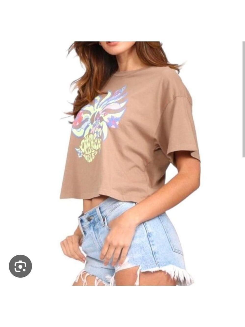 Daydreamer Sun Peace Boxy Crop Brown T-Shirt Size S